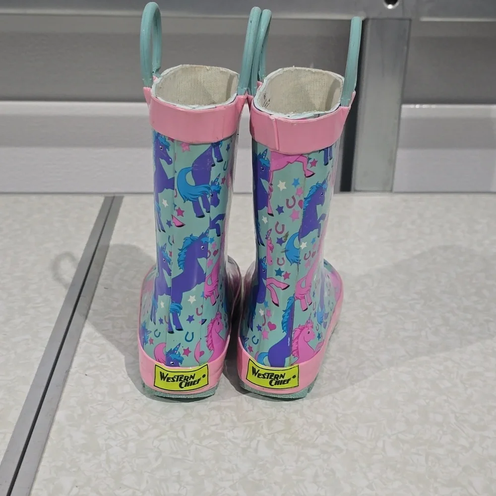 Girl’s Western‎ Chief Lucky Unicorn turquoise Rain Boots Size 7/8